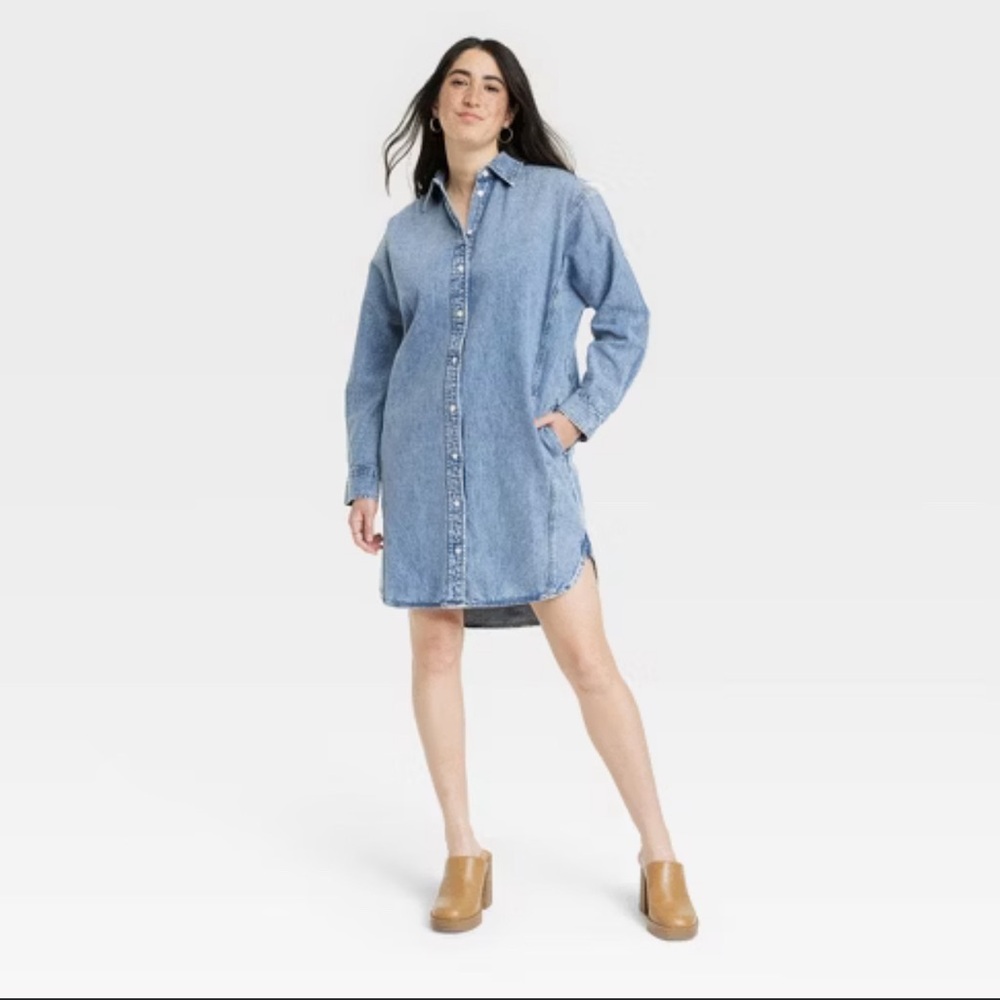 NWT, Universal Thread Long Sleeve Mini Shirt Denim Dress, Size XS - Picture 2 of 3